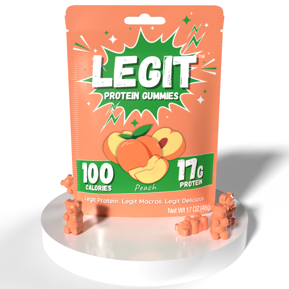 Legit Snacks peach gummies on white background with gummies around it.