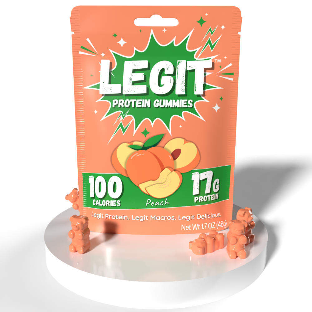 Legit Snacks peach gummies on white background with gummies around it. 