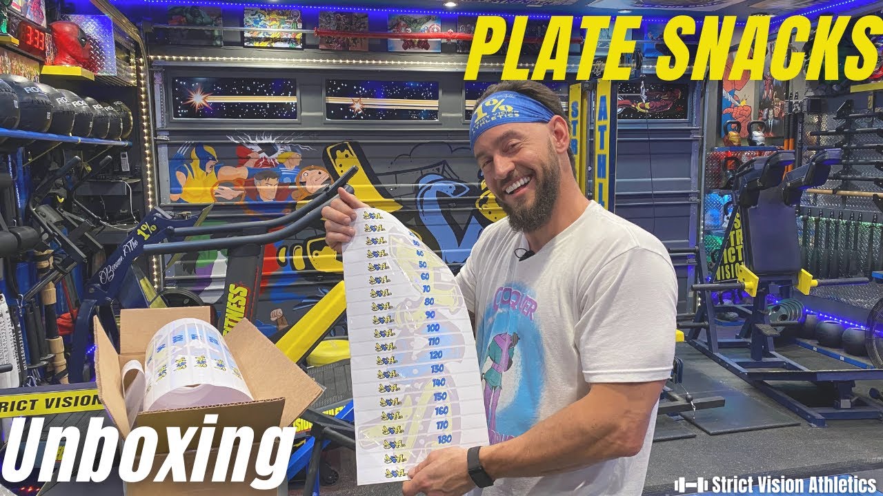 Strict Vision Athletics gym owner holding custom weight stack decals in unboxing video
